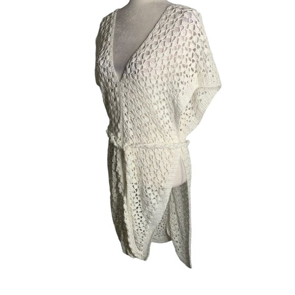 Handmade Loose Knit Cover Up Poncho One Size White V Neck Tie Belt Open Sides - Picture 5 of 8